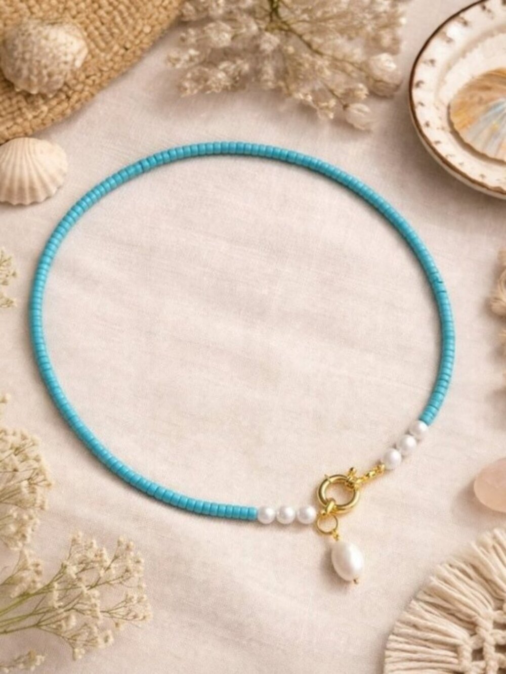 Turquoise Flat Bead and Freshwater Pearl Necklace 14K Gold Clasp Coastal 16" - Picture 9 of 12